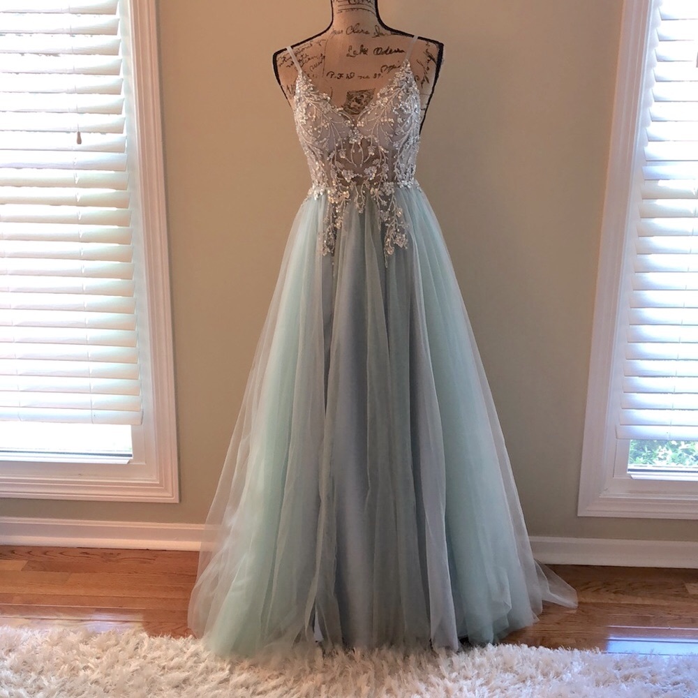 Zapaka Light blue beading Prom dress US2